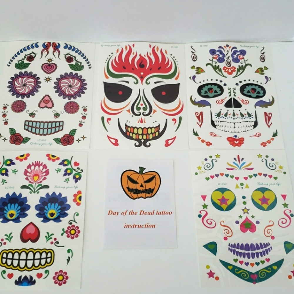 Temporary tattoos, day of the dead. 5 total Halloween!!!! Dia de los muertos.